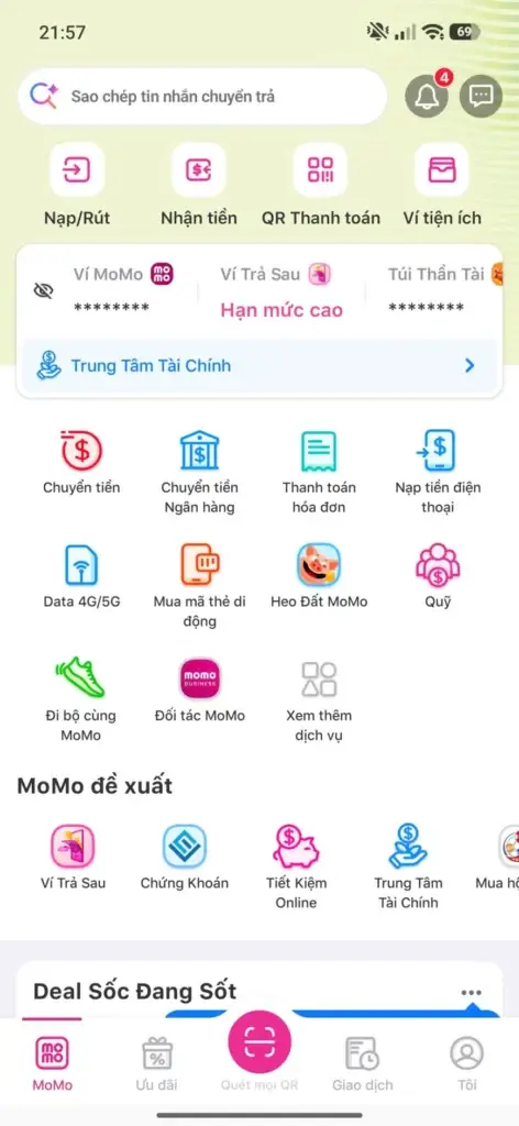 màn hình ứng dụng momo