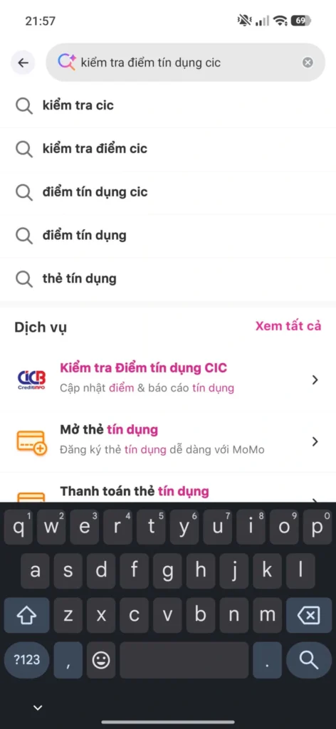 Tìm kiếm dịch vụ cic trong ví momo