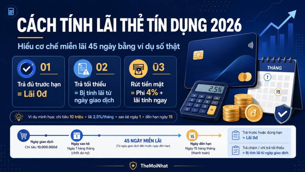 thẻ tín dụng 2026 với ba trường hợp trả đủ, trả tối thiểu và rút tiền mặt