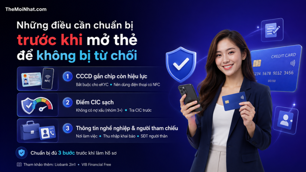 Infographic hướng dẫn những điều cần chuẩn bị trước khi mở thẻ tín dụng, bao gồm CCCD gắn chip còn hiệu lực để xác thực eKYC, kiểm tra lịch sử tín dụng CIC và chuẩn bị thông tin nghề nghiệp cùng người tham chiếu.