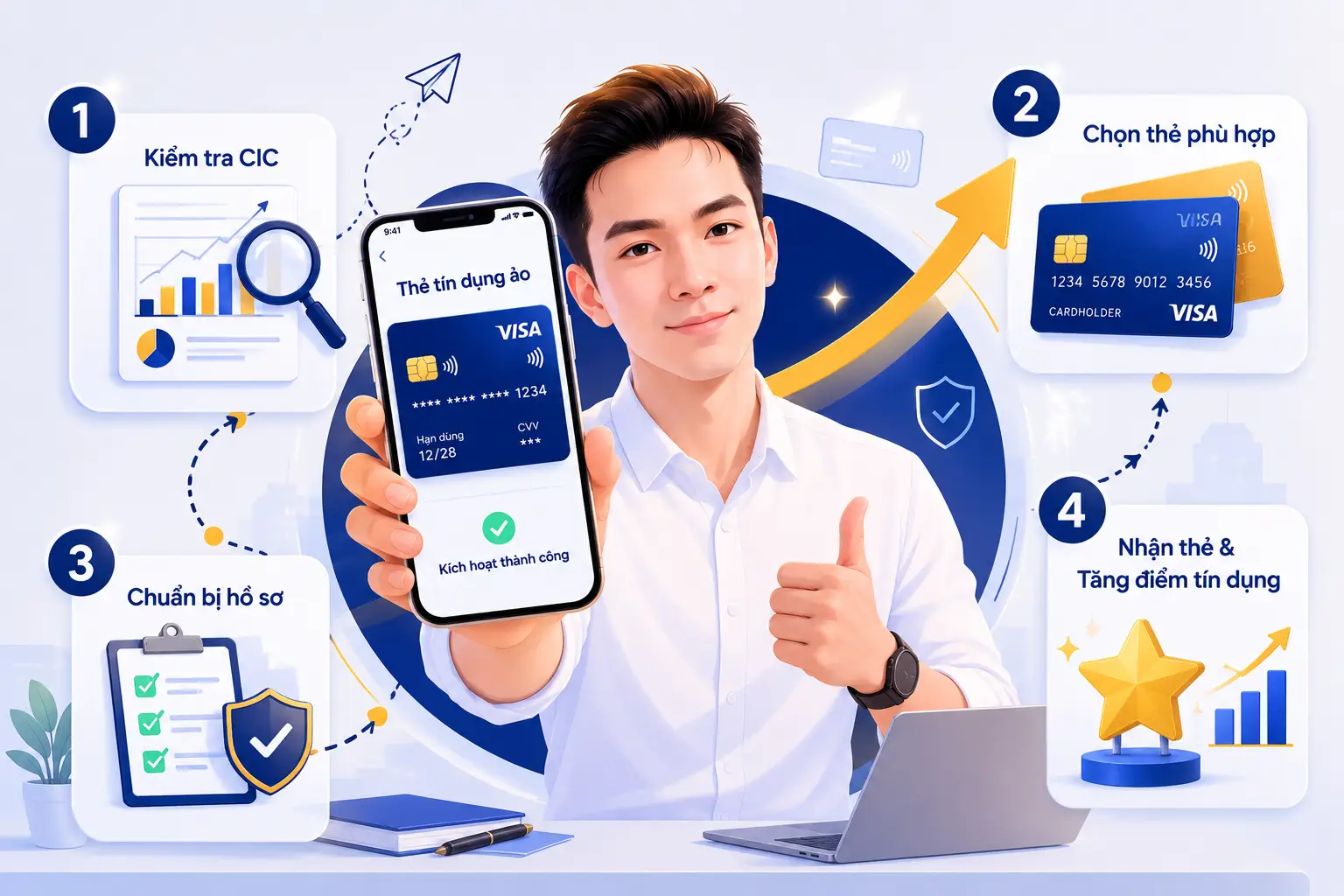 Lộ trình 4 bước mở thẻ tín dụng cho người mới: kiểm tra CIC, chọn thẻ phù hợp, chuẩn bị hồ sơ, nhận thẻ và tăng điểm tín dụng