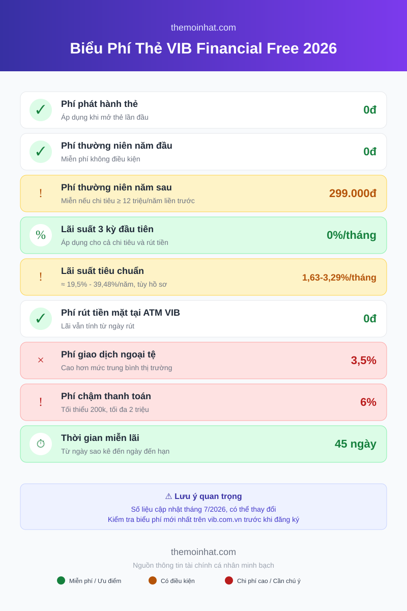 Bảng biểu phí chi tiết thẻ tín dụng VIB Financial Free 2026 gồm phí thường niên, lãi suất, phí rút tiền, phí ngoại tệ